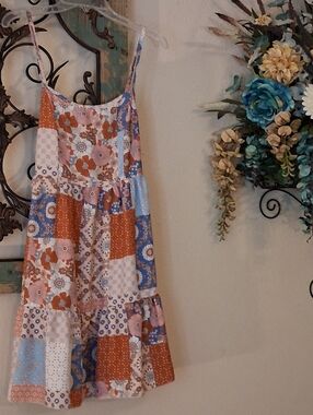 Altar'd State Patchwork Floral Tiered Sundress in Blue/Rust/Pink. NWOT Size XS